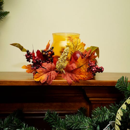 17" Autumn Apple & Berry Hurricane Glass Pillar Candle Holder